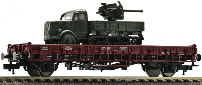 2 axle Flat car loaded with Opel Blitz Maultier of German army<br /><a href='images/pictures/Fleischmann/227001.jpg' target='_blank'>Full size image</a>